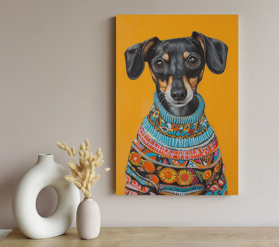  A Canvas Print of Dachshund Mix Wearing A Fun Sweater Canvas Print