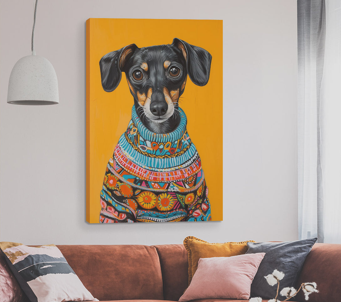  A Canvas Print of Dachshund Mix Wearing A Fun Sweater Canvas Print