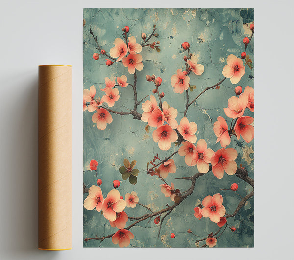 Peach Bloom On Blue Poster