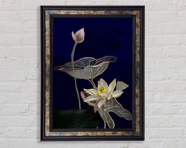 Dark Blue With Flowers Framed Print