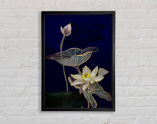 Dark Blue With Flowers Framed Print