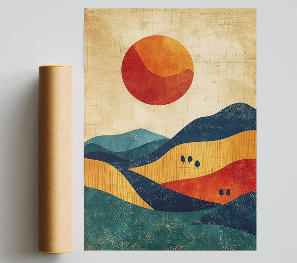 Red Sun Over Hills Poster
