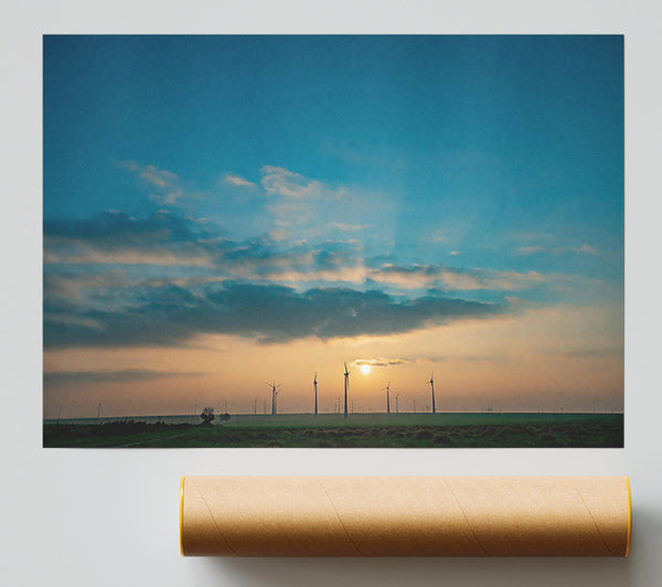 Azure Windmills At Dawn Poster