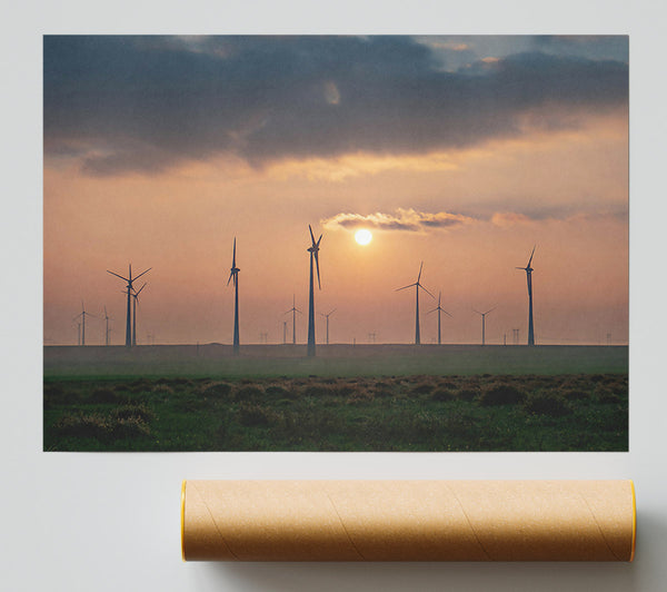 Orange Sunset Windmills Poster