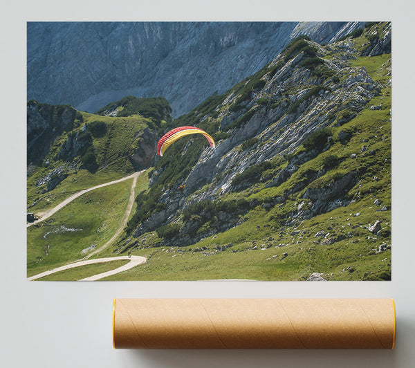 Yellow Paraglider Above Mountains Giclee Print