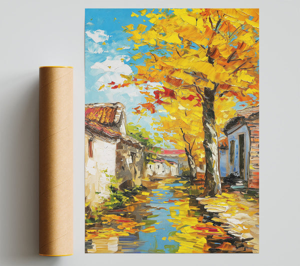 Golden Autumn Village Poster