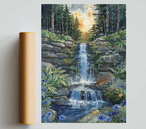 Blue Forest Waterfall Poster