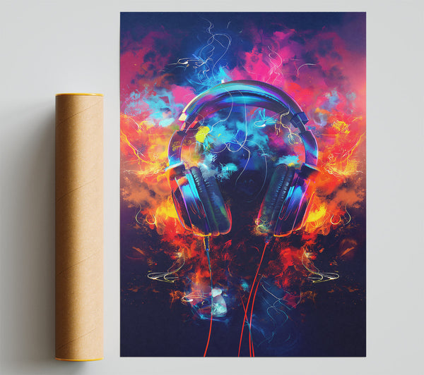 Blue Headphones In Fire Poster