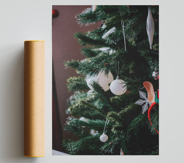 White Baubles On Green Tree Print