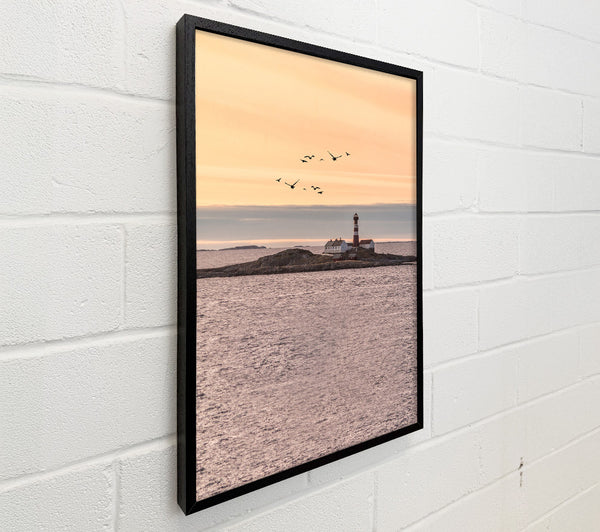 Distant Lighthouse With Birds Flying