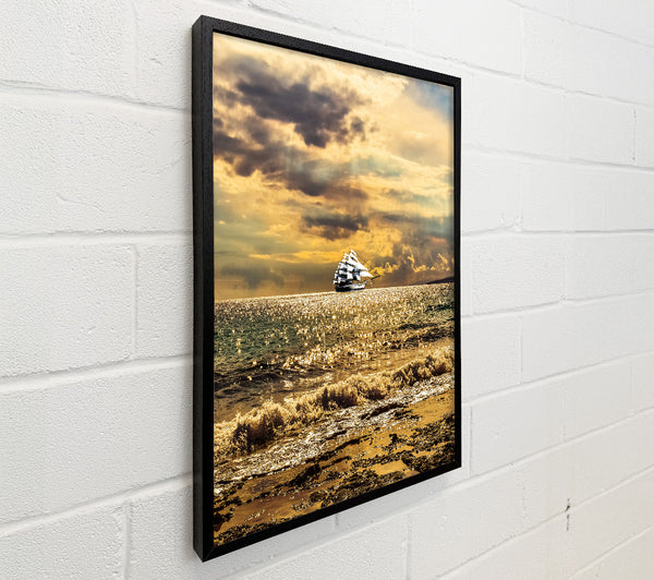 Distant White Ship On Golden Sea