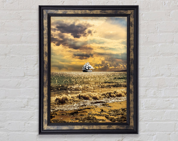 Distant Walnut Ship On Golden Sea Framed Print