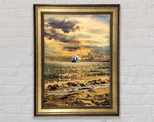 Distant White Ship On Golden Sea Framed Print