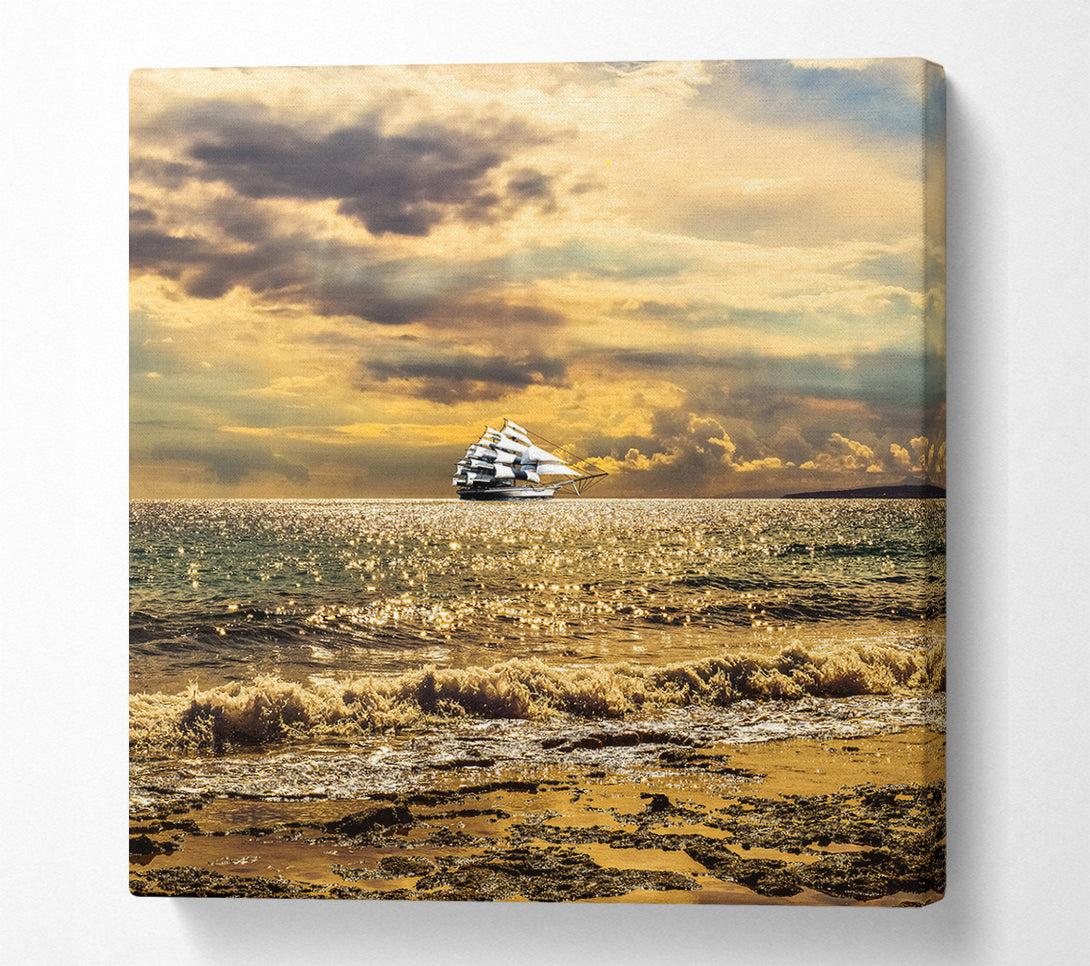  A Canvas Print of Distant White Ship On Golden Sea Canvas Wall Art