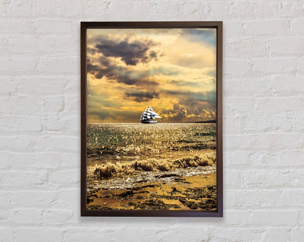 Distant Walnut Ship On Golden Sea Framed Print