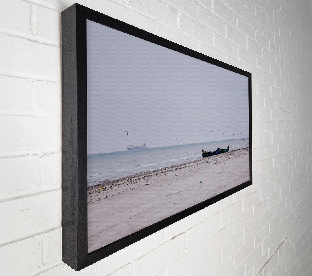  A Canvas Print of Blue Boat On Sand Beach Canvas Wall Art