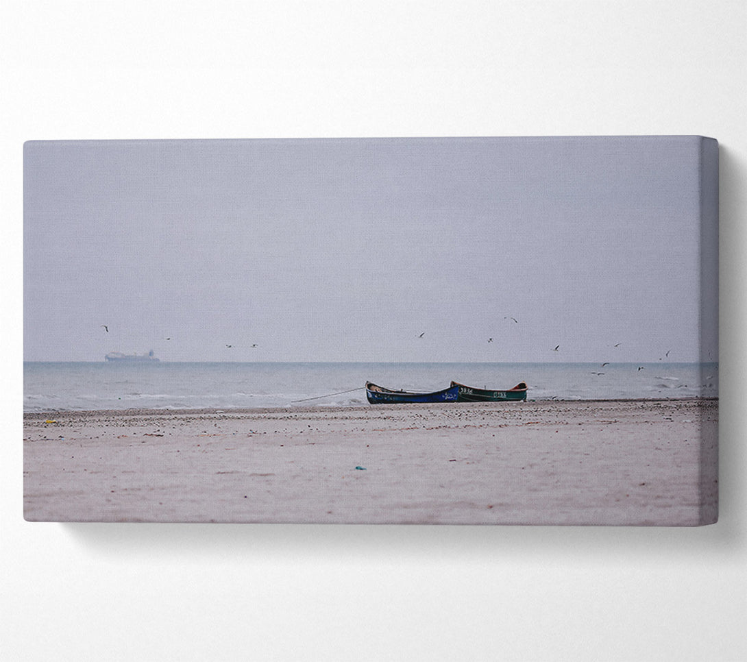  A Canvas Print of Blue Boat On Sand Beach Canvas Wall Art