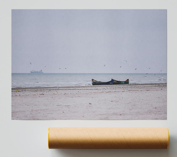 Blue Boat On Sand Beach Giclee Print
