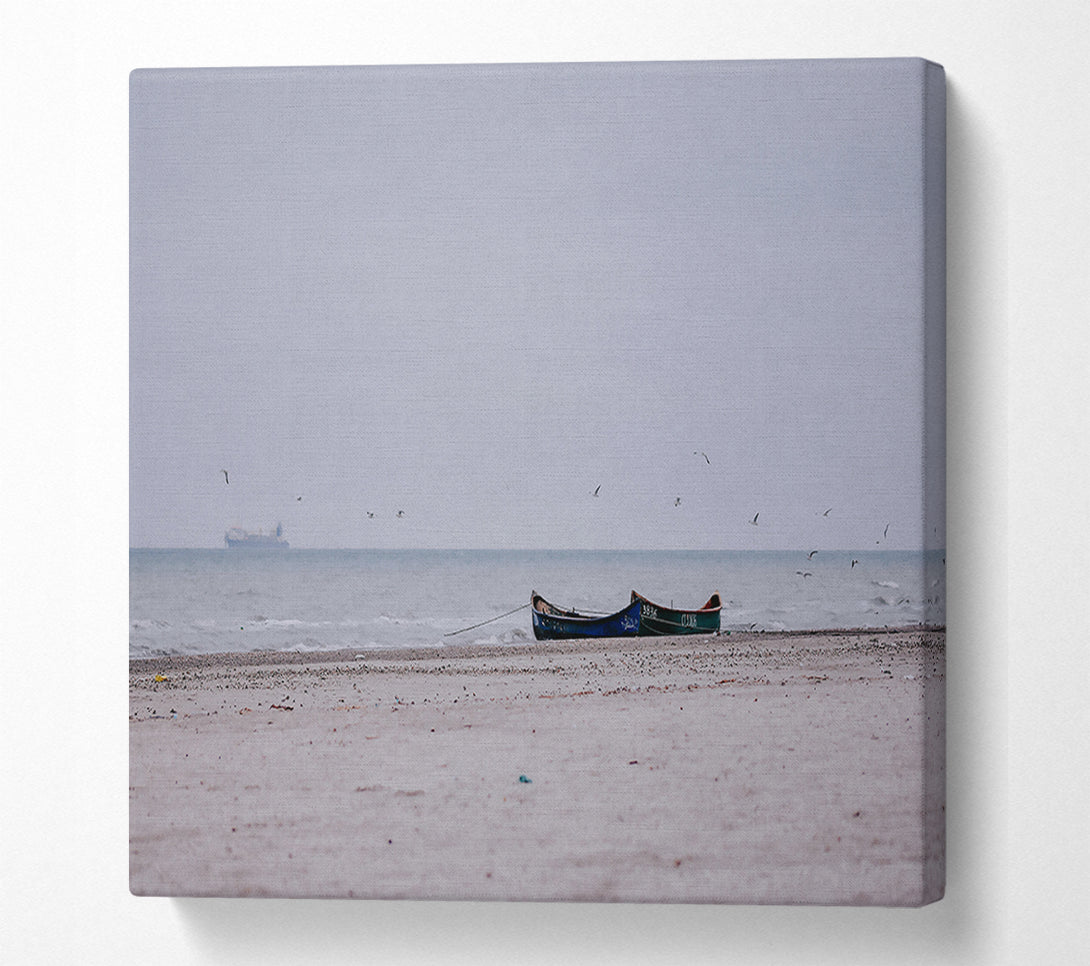  A Canvas Print of Blue Boat On Sand Beach Canvas Wall Art