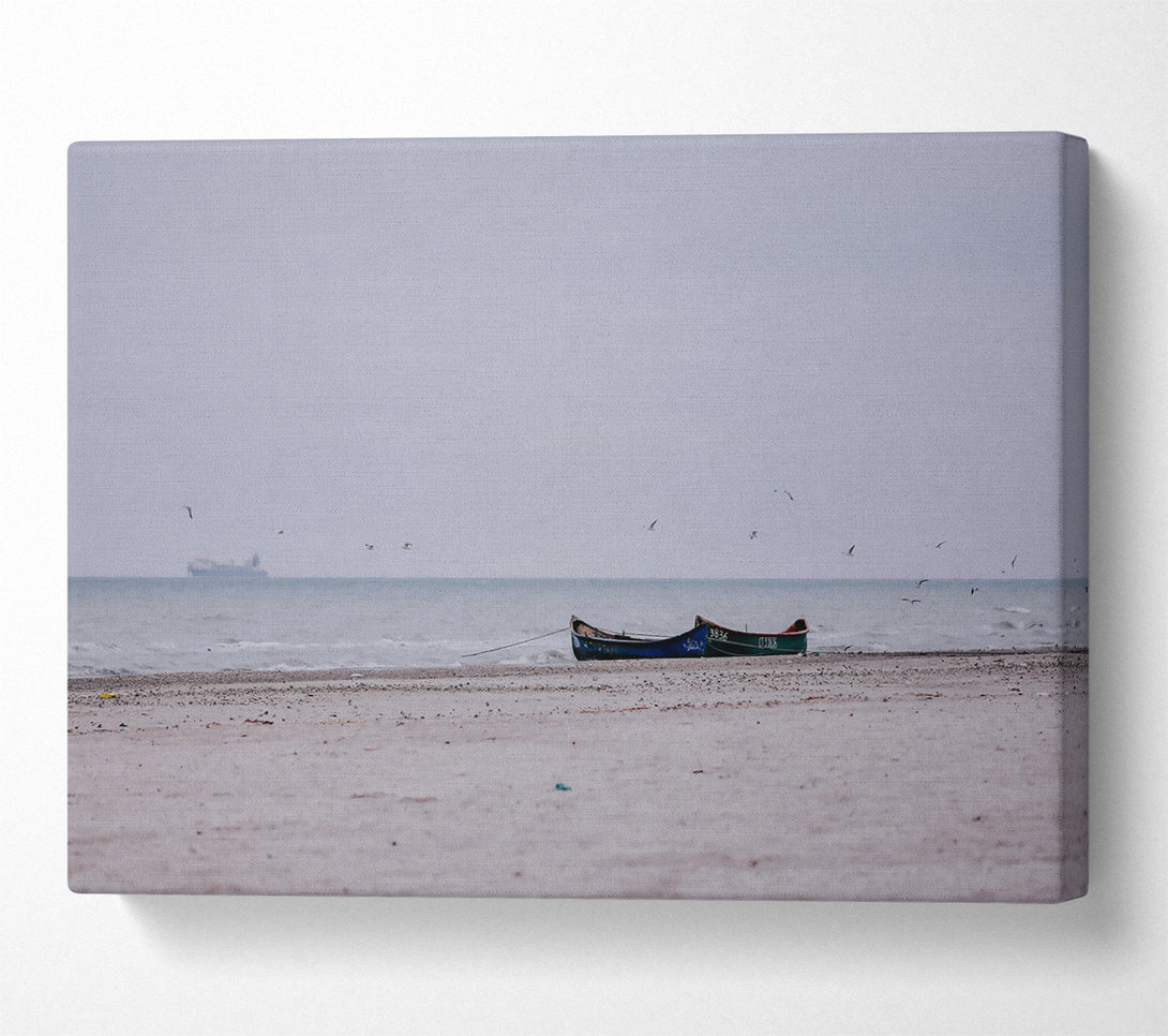  A Canvas Print of Blue Boat On Sand Beach Canvas Wall Art
