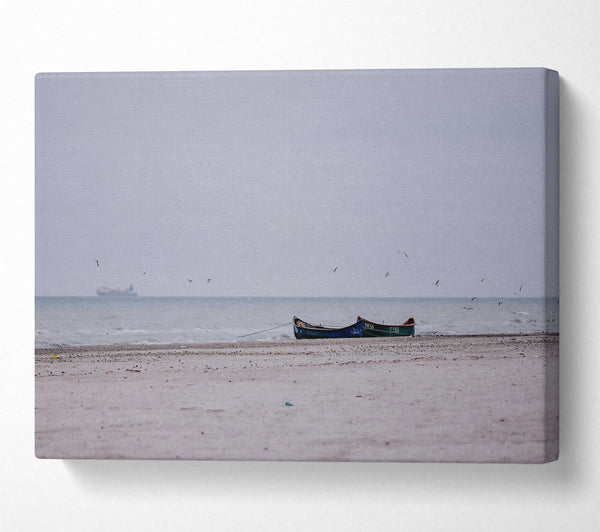  A Canvas Print of Blue Boat On Sand Beach Canvas Wall Art