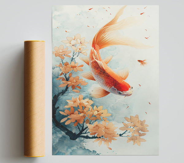 Orange Koi & Blooms Poster