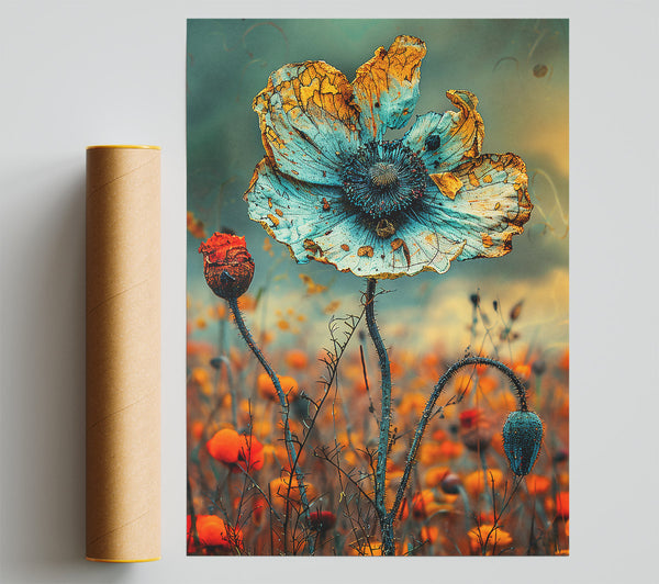 Faded Teal Poppy Field Poster