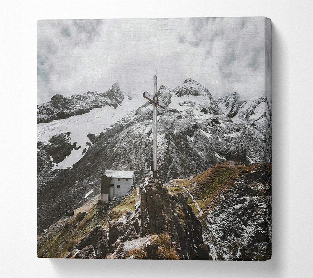  A Canvas Print of White Cross On Snowcapped Peaks Canvas Print