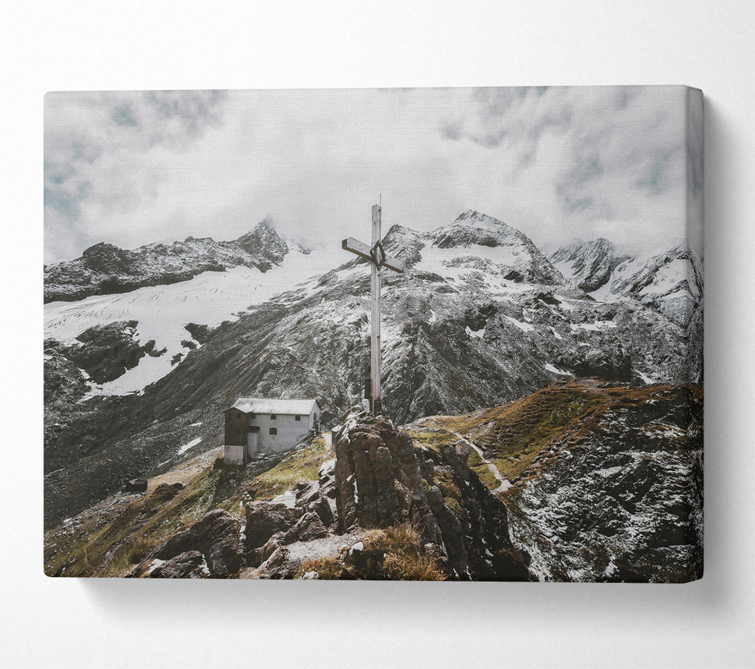  A Canvas Print of White Cross On Snowcapped Peaks Canvas Print