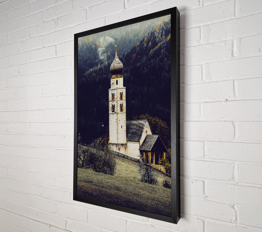  A Canvas Print of White Church In Foggy Hills Canvas Wall Art