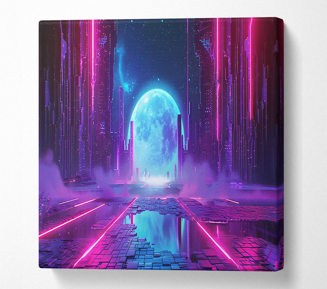  A Canvas Print of Neon Cityscape Moon Canvas Wall Art