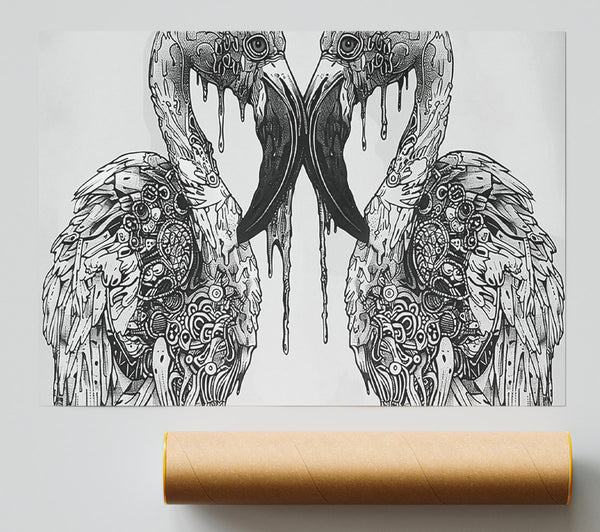 Black Mechanical Flamingos Poster