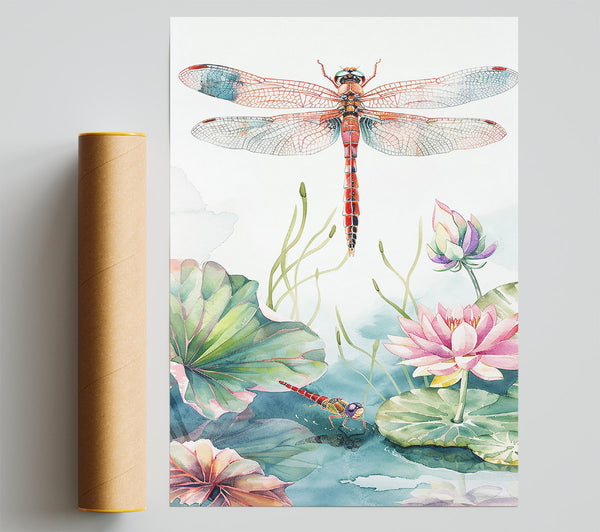Red Dragonfly Water Lily Pond Giclee Print