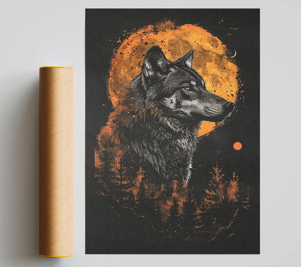 Orange Moon Wolf Poster