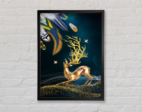 Feathers And Gold Reindeer Framed Print