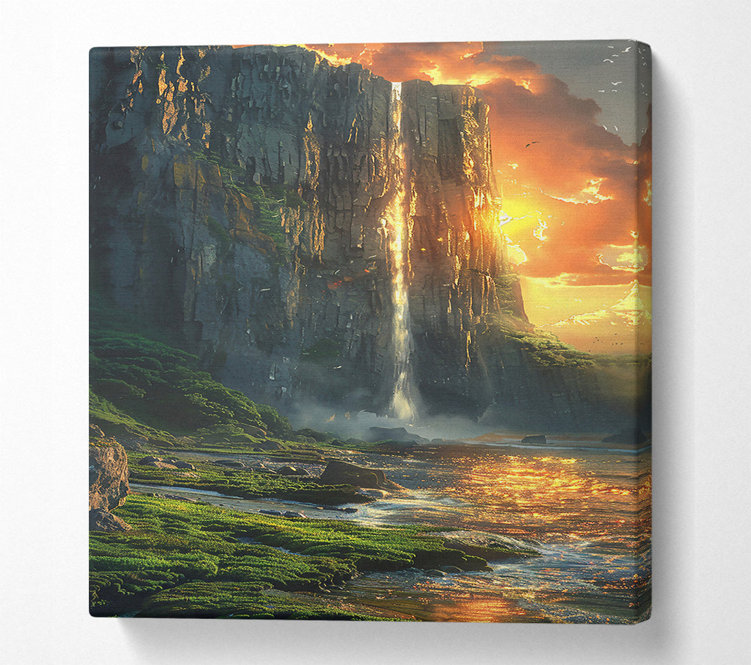  A Canvas Print of Golden Waterfall Sunset Canvas Wall Art
