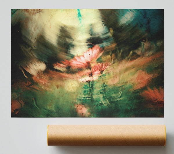 Pink Blooms In Green Mist Print