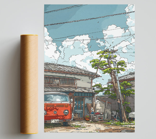 Red Van And Dusty Sky Print