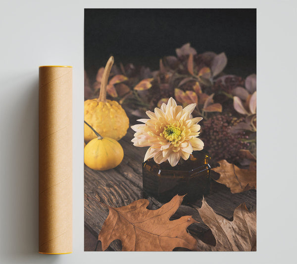 Beige Bloom And Fall Leaves Print