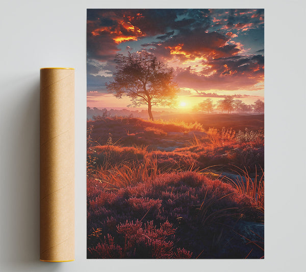 Orange Sunset Meadows Poster