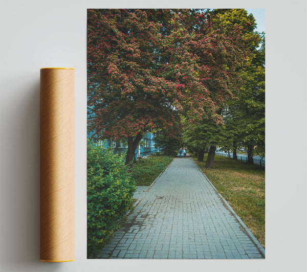 Red Blooms And Brick Path Print