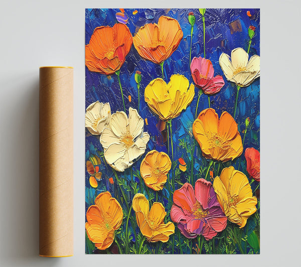 Orange Blooms On Blue Poster