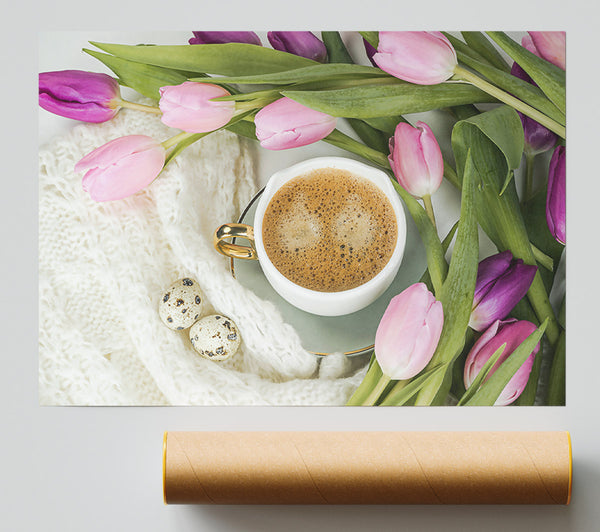 Pink Tulips And Coffee Poster