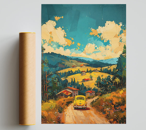 Yellow Car Countryside Drive Giclee Print