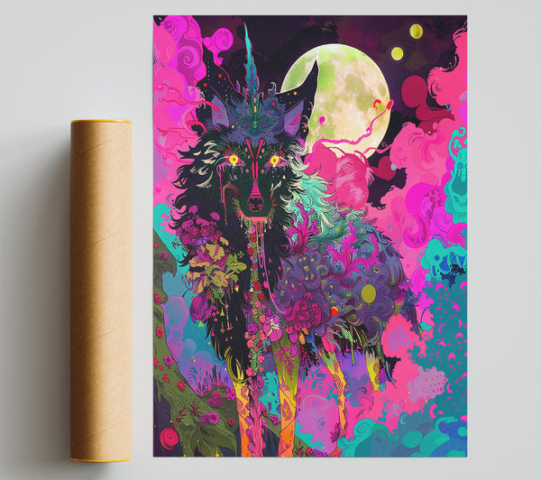 Pink Moon Wolf Print