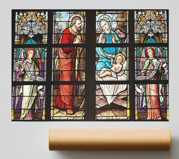 Red Stained Glass Nativity Poster
