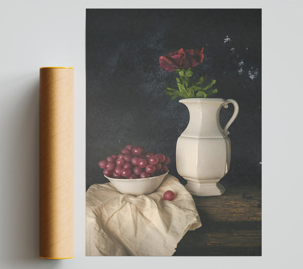 Red Grapes And White Vase Poster
