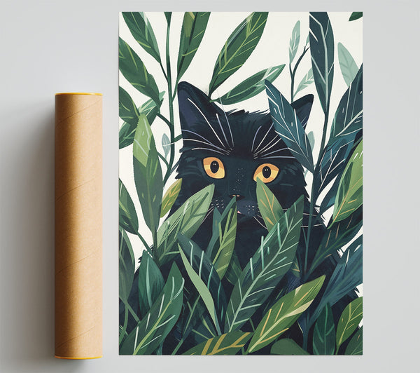 Black Cat In Green Leaves Print