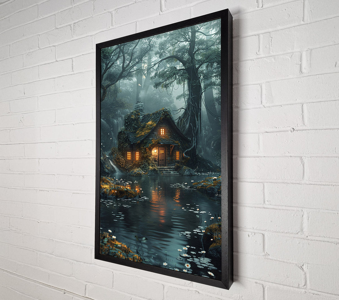  A Canvas Print of Teal Cottage By The Pond Canvas Wall Art