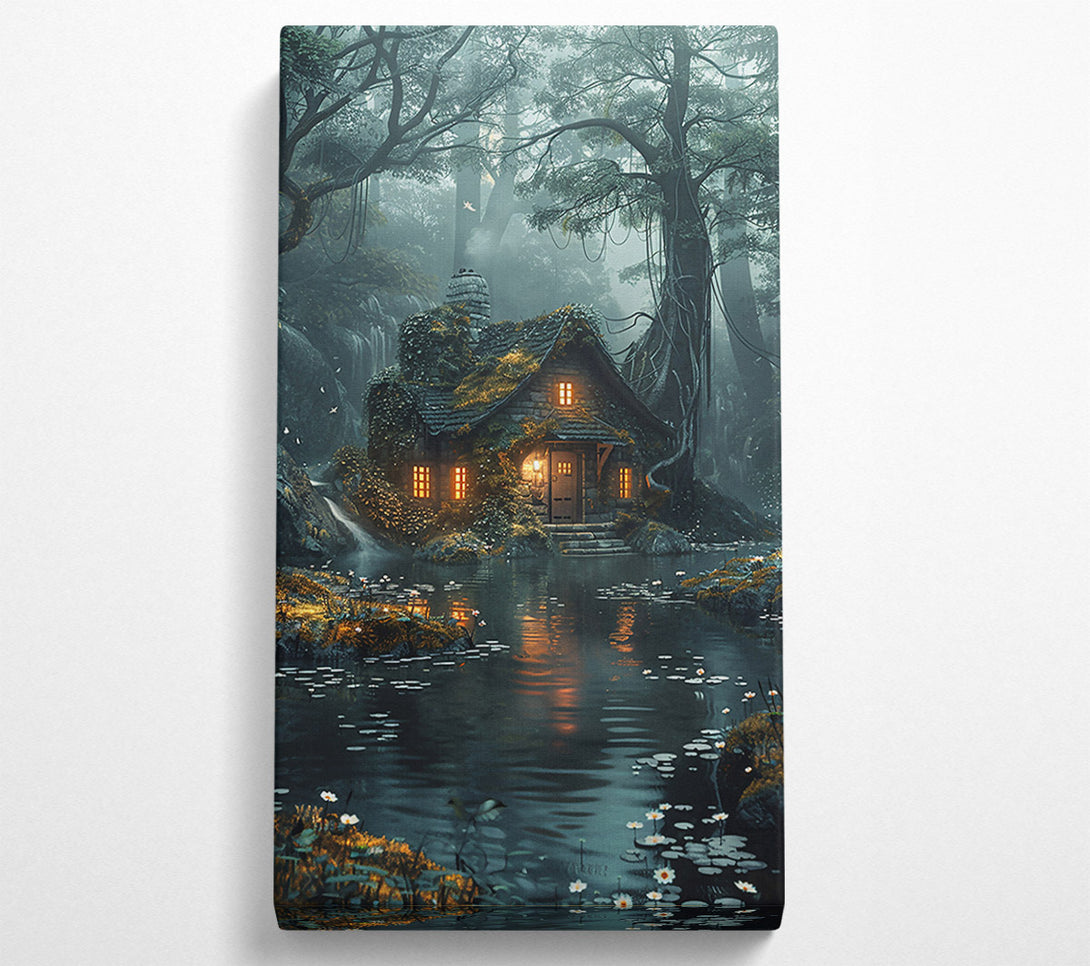  A Canvas Print of Teal Cottage By The Pond Canvas Wall Art